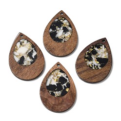 Black Wood & Resin Pendant, with Gold Foil, Teardrop Charms, Black, 38x25.5x3mm, Hole: 2mm