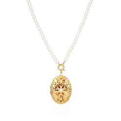 Oro Collar con colgante ovalado hueco de acero inoxidable, con cadenas de cuentas de perlas de imitación, dorado, 16.93 pulgada (43 cm)