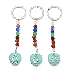 Synthetic Turquoise Dyed Synthetic Turquoise Heart Keychain, with Chakra Gemstone Bead and Platinum Tone Rack Plating Brass Findings, 10.5cm
