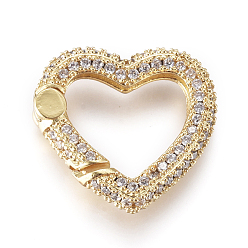 Golden Brass Spring Gate Rings, with Clear Cubic Zirconia, Heart, Golden, 17.5x18x4mm, Inner Diameter: 9.5x12mm