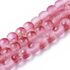 Camellia Frosted Spray Painted Glass Beads Strands, with Golden Foil, Round, Camellia, 4~5mm, Hole: 0.9~1.2mm, about 95~103pcs/Strand, 13.78 inch~14.88 inch(35~37.8cm)