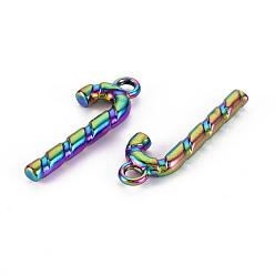 Rainbow Color Rainbow Color Alloy Pendants, Cadmium Free & Nickel Free & Lead Free, Christmas Candy Cane, 27x9x3mm, Hole: 2mm