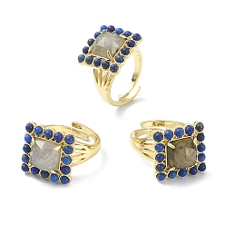Labradorite Natural Labradorite & Lapis Lazuli Rectangle Adjustable Ring, Real 18K Gold Plated Brass Wide Ring for Women, Inner Diameter: 17mm