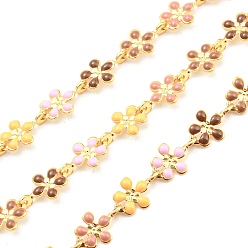 Real 18K Gold Plated Brass with Colorful Enamel Flower Link Chains, Unwelded, with Spool, Real 18K Gold Plated, 9x5.8x0.9mm, about 16.40 Feet(5m)/Roll