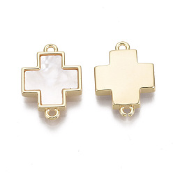 Seashell Color Brass Links, with Freshwater Shell, Nickel Free, Cross, Real 18k Gold Plated, Seashell Color, 18x12.5x3mm, Hole: 1.2mm