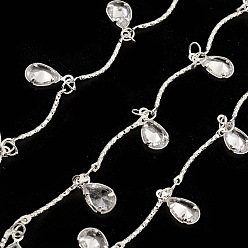 Silver Brass Curved Bar Link Chains, with Clear Cubic Zirconia Teardrop Charms, Unwelded, with Spool, Silver, 18x1mm