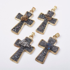 Golden Natural Druzy Agate Big Pendants, with Crystal and Brass Findings, Cross, Golden, 70~71x42.5~43x11~14mm, Hole: 5x6mm