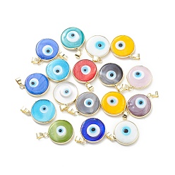 Mixed Color Handmade Evil Eye Lampwork Pendants, with Rack Plating Light Gold Tone Brass Findings, Long-Lasting Plated, Lead Free & Cadmium Free, Flat Round, Mixed Color, 24~25.5x20.5~21x4~4.5mm, Hole: 6x4~4.5mm