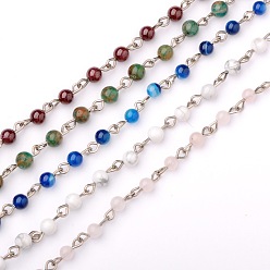 Mixed Stone Handmade Gemstone Beads Chains for Necklaces Bracelets Making, with Iron Eye Pin, Unwelded, Platinum, Mixed Stone, 39.3 inch