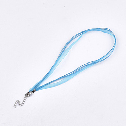 Deep Sky Blue Waxed Cord and Organza Ribbon Necklace Making, with Iron Lobster Claw Clasps, Platinum, Deep Sky Blue, 17.6 inch~17.8 inch(45~455cm), 7mm