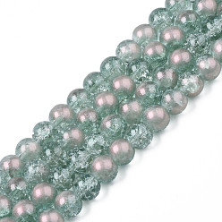 Light Sea Green Translucent Crackle Glass Beads Strands, with Glitter Powder, Round, Light Sea Green, 8x7.5mm, Hole: 1mm, about 100~105Pcs/strand, 31.50 inch~33.07 inch(80cm~84cm)