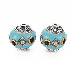 Medium Turquoise Handmade Indonesia Beads, with Rhinestone and Brass Findings, Round, Antique Silver, Medium Turquoise, 15x15mm, Hole: 1.8mm