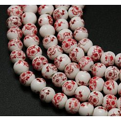 Coral Handmade Printed Porcelain Round Beads Strands, with Flower Pattern, Coral, 6mm, Hole: 2mm, about 60pcs/strand, 13.58 inch
