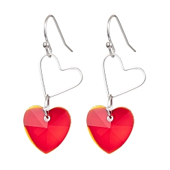 Red Fashion Dangle Earrings, with Handmade Glass Pendants, Brass Rhinestone Earring Hooks, Heart, Red, 39x14mm