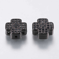 Gunmetal Brass Micro Pave Cubic Zirconia Pendants, Multi-strand Links, Cross, Black, Gunmetal, 10x10x4mm, Hole: 1mm