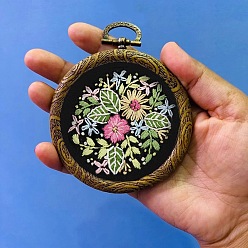 Black DIY Pendant Decoration Embroidery Kits, Including Printed Cotton Fabric, Embroidery Thread & Needles, Embroidery Hoop, Flower Pattern, Black, Embroidery Hoop: 100mm