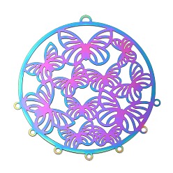 Rainbow Color 201 Stainless Steel Chandelier Component Links, Etched Metal Embellishments, Flat Round with Butterfly, Rainbow Color, 60.5x58x0.2mm, Hole: 1.8mm & 3mm