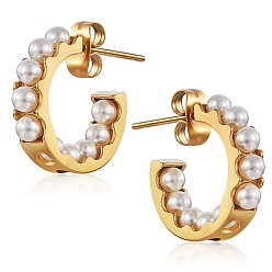 Oro Aretes con forma de C y perlas de concha, 430 pendientes de medio aro de acero inoxidable para mujer, dorado, 15x4 mm, pin: 1 mm