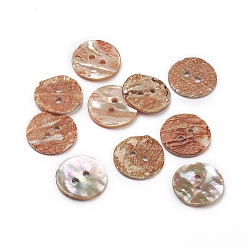 Coral Abalone Shell/Paua Shell, Flat Round, 2-Hole, Coral, 15x2mm, Hole: 1.8mm