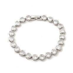 Platinum Clear Cubic Zirconia Heart Link Chain Bracelet, Rack Plating Brass Jewelry for Women, Cadmium Free & Lead Free, Platinum, 6-7/8 inch(17.5cm)