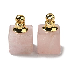 Rose Quartz Natural Rose Quartz Perfume Bottle Pendants, Square Charms with Golden Plated 304 Stainless Steel Findings, 19x12x12mm, Hole: 2mm
