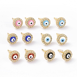 Mixed Color Enamel Evil Eye Stud Earrings with Clear Cubic Zirconia, Gold Plated Brass Jewelry for Women, Cadmium Free & Lead Free, Mixed Color, 9mm, Pin: 0.8mm