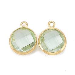 Clear Glass Charms, with Real 18k Gold Plated Brass Findings, Long-Lasting Plated, Lead Free & Nickel Free & Cadmium Free, Faceted Flat Round, Clear, 9x7x3mm, Hole: 1mm
