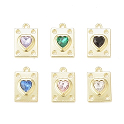 Mixed Color Rack Plating Alloy Glass Pendants, Golden, Rectangle with Heart Charms, Mixed Color, 19.5x12.5x5mm, Hole: 1.8mm