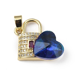 Prussian Blue Real 18K Gold Plated Rack Plating Brass Micro Pave Clear Cubic Zirconia Pendants, with Glass, Long-Lasting Plated, Cadmium Free & Lead Free, Lock with Heart Charm, Prussian Blue, 23x19x8mm, Hole: 5x3.2mm