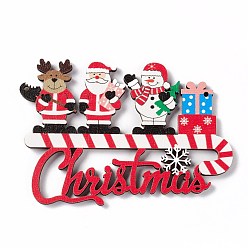 Colorful Christmas Decoration Wooden Door Plate, Wood Big Pendants for Door Hanging, Word Christmas with Reindeer/Stag & Santa Claus & Snowman & Gift Boxes, Colorful, 68x99x4mm, Hole: 2mm
