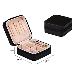 Black PU Leather Jewelry Zipper Boxes, with Velvet Inside, for Rings, Necklaces, Earrings, Rings Storage, Square, Black, 100x100x50mm