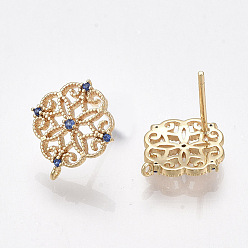 Blue Brass Stud Earring Findings, Cubic Zirconia and Loop, Nickel Free, Real 18K Gold Plated, Flower, Blue, 13x12mm, Hole: 0.8mm, Pin: 0.8mm