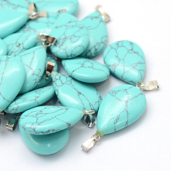 Synthetic Turquoise Teardrop Dyed Synthetic Turquoise Pendants, with Platinum Tone Brass Findings, 25~29x16~17x5~6mm, Hole: 2x7mm