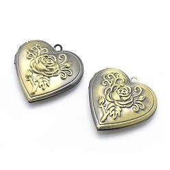 Brushed Antique Bronze Brass Locket Pendants, Photo Frame Charms for Necklaces, Cadmium Free & Nickel Free & Lead Free, Heart with Rose, Brushed Antique Bronze, 29x29x7.5mm, Hole: 2mm, Inner Size: 21x16.5mm