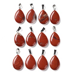 Jaspe Rouge Pendentifs en jaspe rouge naturel en forme de larme, avec les accessoires en laiton de tonalité de platine, 25~29x16~17x5~6mm, Trou: 2x7mm