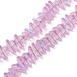 Pink Electroplate Transparent Glass Beads Strands, Rainbow Plated, Triangle, Pink, 9x15.5~16mm, Hole: 1mm, about 120pcs/strand, 24.57~25.67''(62.4~65.2cm)
