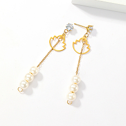 Flower Golden 304 Stainless Steel Dangle Stud Earrings, Tassel Earrings with Imitation Pearl, Flower, 68x15mm