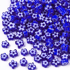 Blue Glass Beads, Flower, Blue, 5~7x5~7x2~3mm, Hole: 1mm