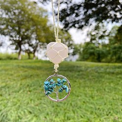 Turquoise Synthétique Coeur rose quartz cordon tressé pendentif décorations, avec des anneaux de puce turquoise synthétique, ornements suspendus de voiture, 130x30mm