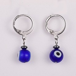 Blue Lampwork Leverback Dangle Earrings, with 304 Stainless Steel Leverback Earring Findings and Non-Magnetic Synthetic Hematite Beads, Evil Eye, Blue, 27~28mm, Pin: 0.7x1mm