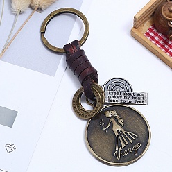 Virgo Punk Style Woven Flat Round with 12 Constellation Leather Keychain, for Car Key Pendant, Virgo, 11cm