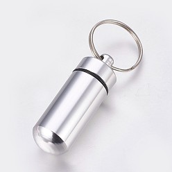 Argent Petit cas de pilule extérieur d'alliage d'aluminium portatif, avec l'anneau de la clé de fer, argenterie, 50.5x17mm