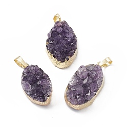 Light Gold Natural Amethyst Druzy Pendants, with Rack Plating Brass Findings, Cadmium Free & Lead Free, Oval Links, Light Gold, 27~31x16~18x11~13mm, Hole: 8x5mm