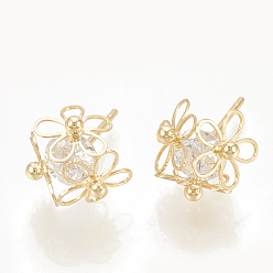 Real 18K Gold Plated Brass Cubic Zirconia Stud Earrings, Flower, Nickel Free, Real 18K Gold Plated, 12x11mm, Pin: 0.8mm