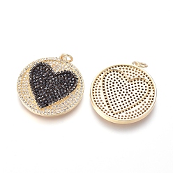 Golden Brass Micro Pave Cubic Zirconia Pendants, with Jump Rings, Flat Round with Heart, Black & Clear, Golden, 27x25x2.5mm, Hole: 3mm