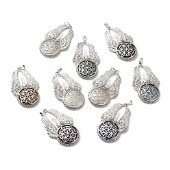 Mixed Stone Natural & Synthetic Mixed Stone Big Pendants, Flat Round with Wing Charms, with Rack Plating Platinum Tone Brass Findings, Cadmium Free & Lead Free, 61.5x37x5.5mm, Hole: 8x5mm
