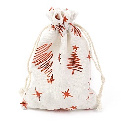 Arbre de Noël Sac en tissu en coton thème noël, sacs à cordonnet, pour les ornements de cadeau de collation de fête de noël, motif d'arbre de Noël, 14x10 cm