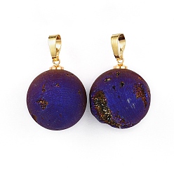 Purple Plated Electroplate Natural Druzy Geode Agate Pendants, with Brass Findings, Round, Golden, Purple Plated, 23.5x20~20.5mm, Hole: 4.5x7mm
