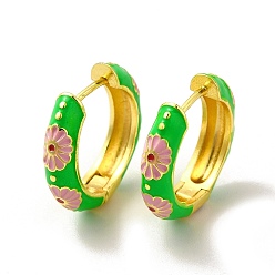 Lime Green Daisy Flower Enamel Hoop Earrings, Real 18K Gold Plated Brass Jewelry for Women, Lead Free & Cadmium Free, Lime Green, 19x4.5x19.5mm, Pin: 1mm