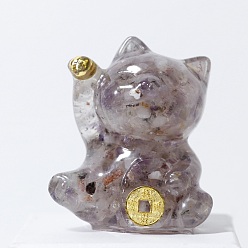 Amatista Decoraciones de exhibición artesanales de resina y chips de amatista natural, figura de gato de la suerte, para el hogar adorno de feng shui, 63x55x45 mm